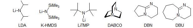 a figure displaying the continued list of common organic bases: LDA, KHMDS, LiTMP, DABCO, DBN, and DBU