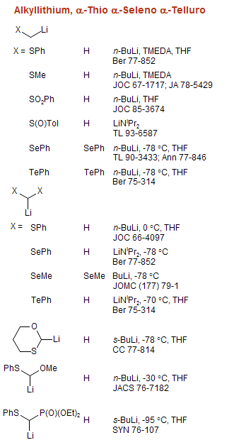 Alkyllithium, α-Thio α-Seleno α-Telluro