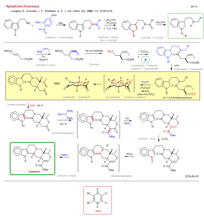 Reaction scheme for total synthesis of the natural product Ajmalicine (Overman) <b><i><font color=green>New</font></i></b>