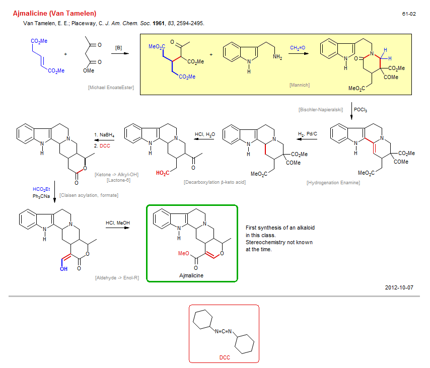 Reaction scheme for total synthesis of the natural product Ajmalicine (Van Tamelen)