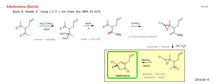 Reaction scheme for total synthesis of the natural product Allethrolone (Buchi) <b><i><font color=green>New</font></i></b>
