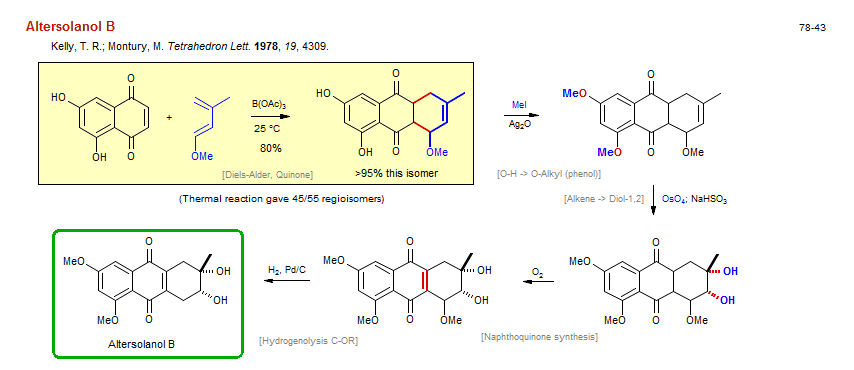 Reaction scheme for total synthesis of the natural product Altersolanol B