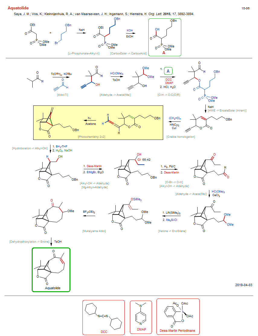 Reaction scheme for total synthesis of the natural product Aquatolide <b><i><font color=green>New</font></i></b>