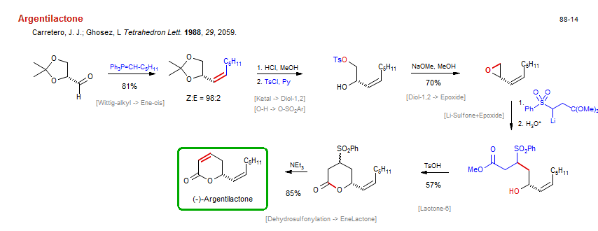 Reaction scheme for total synthesis of the natural product Argentilactone