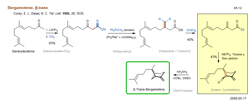 Reaction scheme for total synthesis of the natural product Bergamotene, β-trans