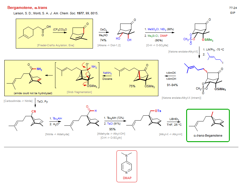 Reaction scheme for total synthesis of the natural product Bergamotene, α-trans