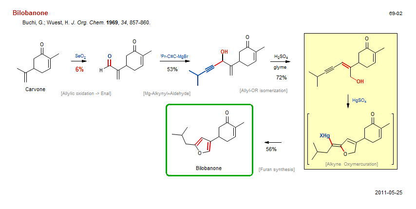Reaction scheme for total synthesis of the natural product Bilobanone