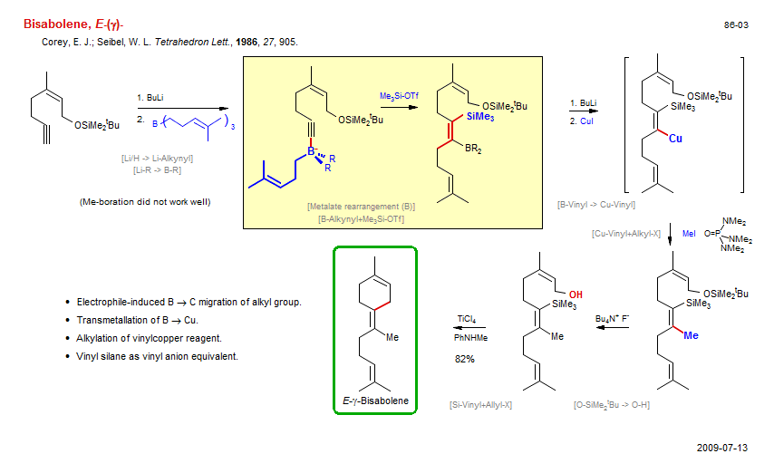 Reaction scheme for total synthesis of the natural product <i>E</i>-(γ)-Bisabolene