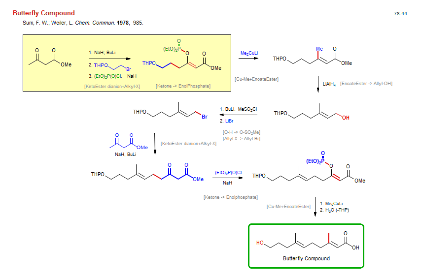 Reaction scheme for total synthesis of the natural product Butterfly Compound