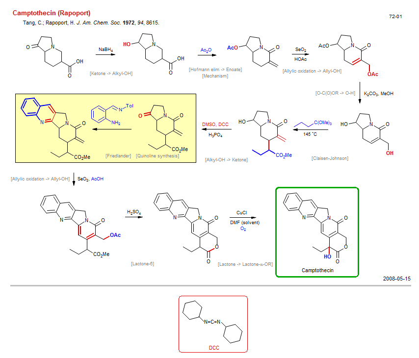 Reaction scheme for total synthesis of the natural product Camptothecin (Rapoport)