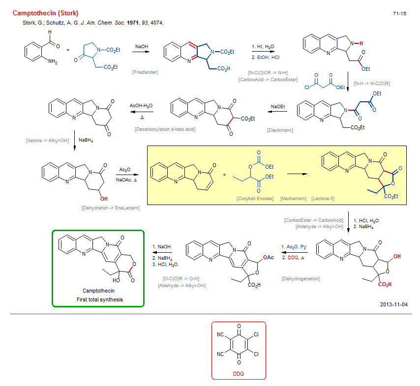 Reaction scheme for total synthesis of the natural product Camptothecin (Stork)