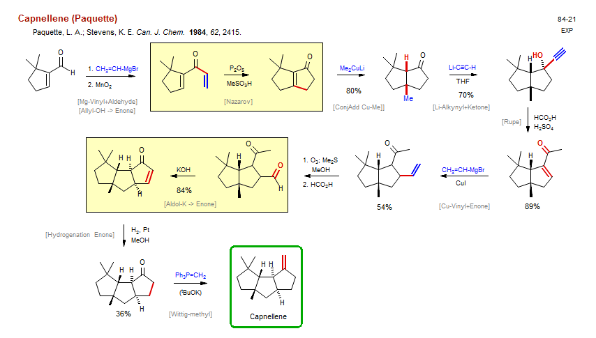 Reaction scheme for total synthesis of the natural product Capnellene (Paquette)