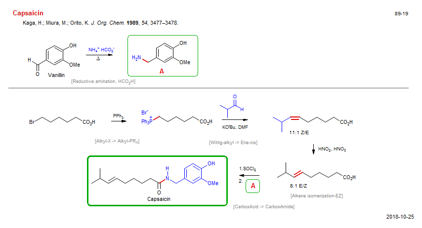 Reaction scheme for total synthesis of the natural product Capsaicin