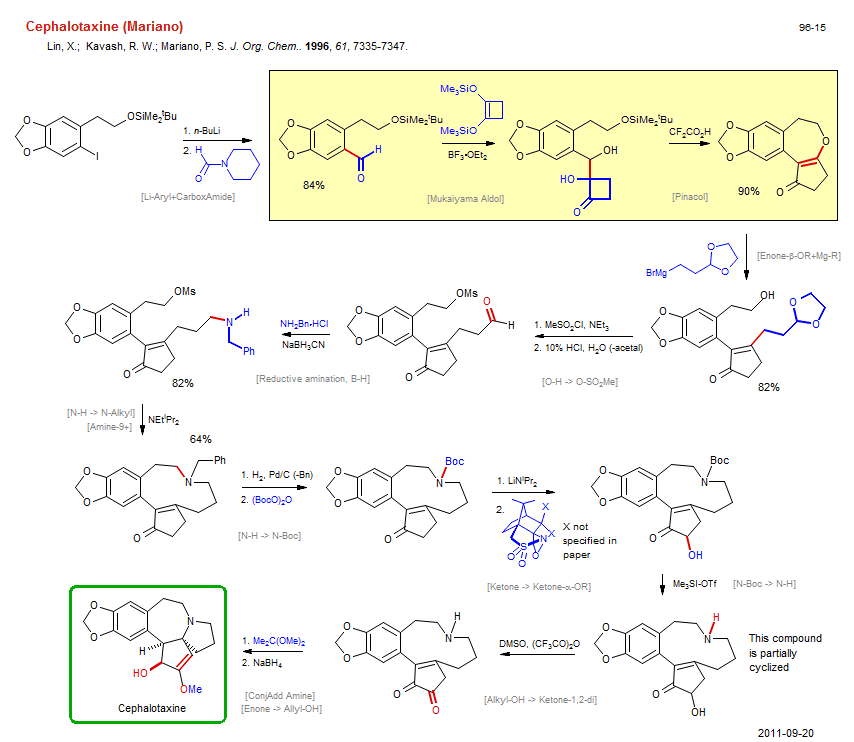 Reaction scheme for total synthesis of the natural product Cephalotaxine (Mariano)