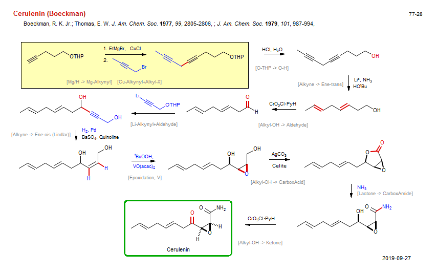 Reaction scheme for total synthesis of the natural product Cerulenin (Boeckman) <b><i><font color=green>New</font></i></b>