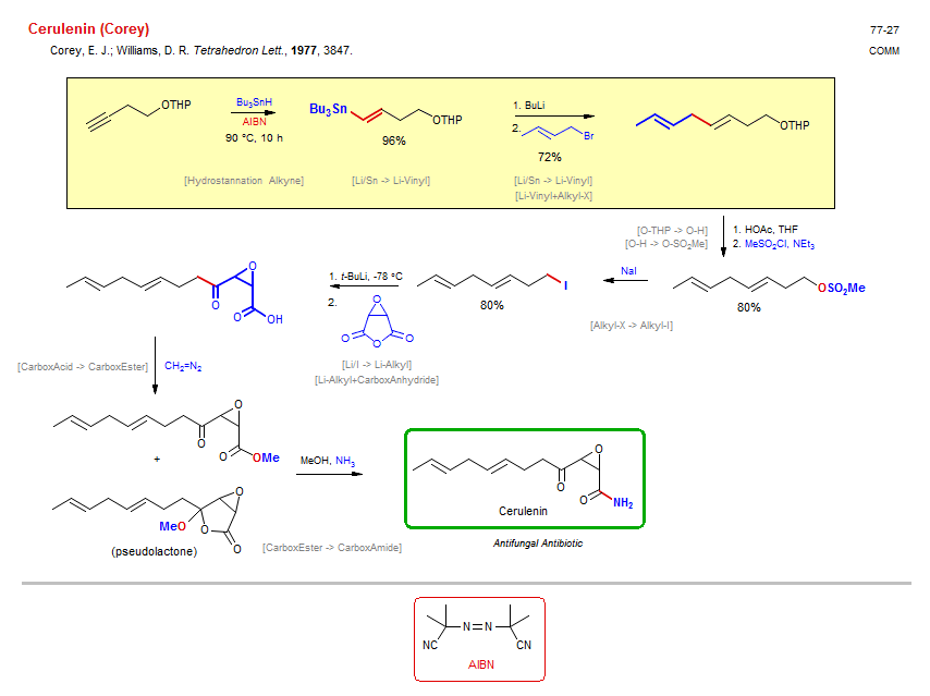 Reaction scheme for total synthesis of the natural product Cerulenin (Corey)