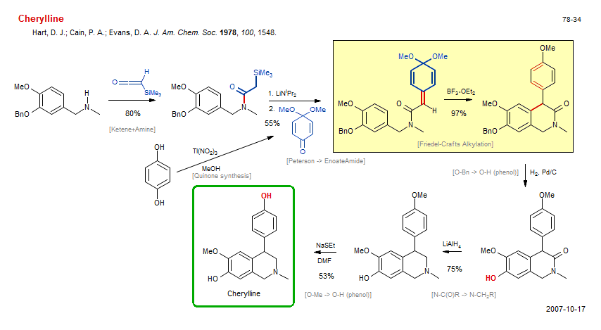 Reaction scheme for total synthesis of the natural product Cherylline