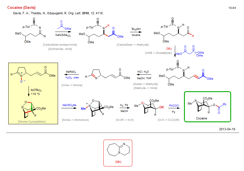 Reaction scheme for total synthesis of the natural product Cocaine (Davis)