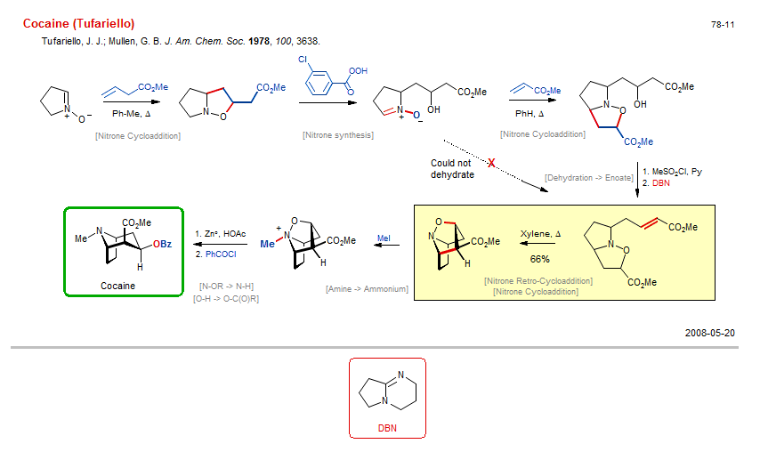 Reaction scheme for total synthesis of the natural product Cocaine (Tufariello)