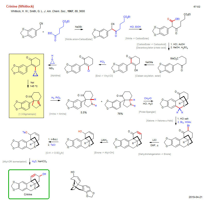 Reaction scheme for total synthesis of the natural product Crinine (Whitlock) <b><i><font color=green>New</font></i></b>