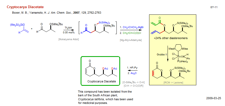 Reaction scheme for total synthesis of the natural product Cryptocarya Diacetate