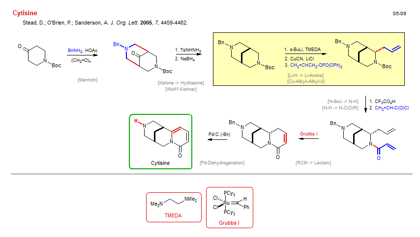 Reaction scheme for total synthesis of the natural product Cytisine