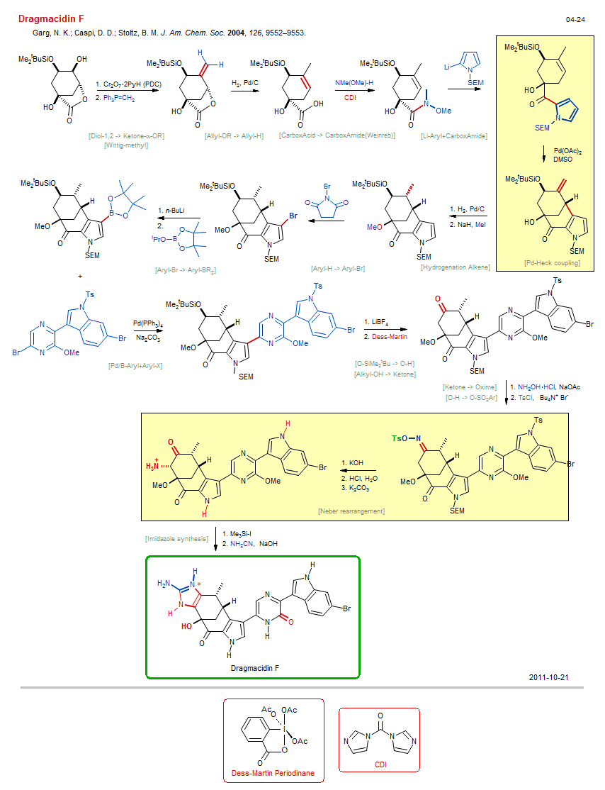 Reaction scheme for total synthesis of the natural product Dragmacidin F