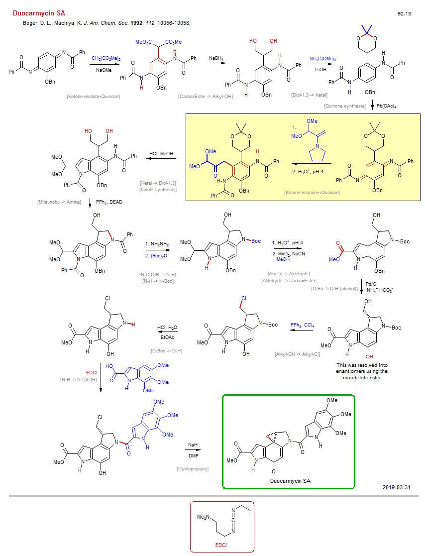 Reaction scheme for total synthesis of the natural product Duocarmycin SA <b><i><font color=green>New</font></i></b>