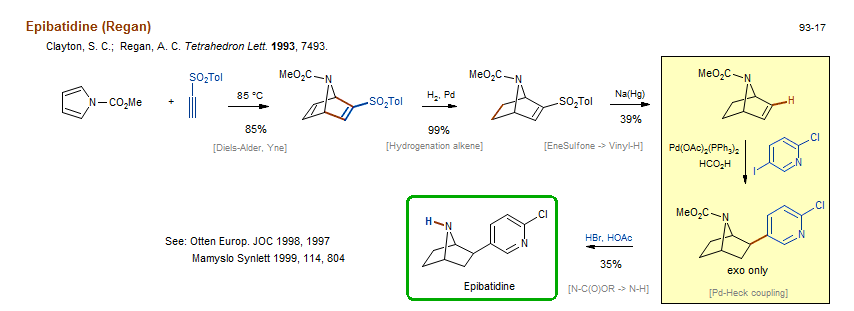 Reaction scheme for total synthesis of the natural product Epibatidine (Regan)