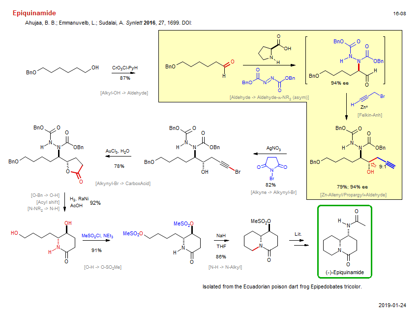 Reaction scheme for total synthesis of the natural product Epiquinamide