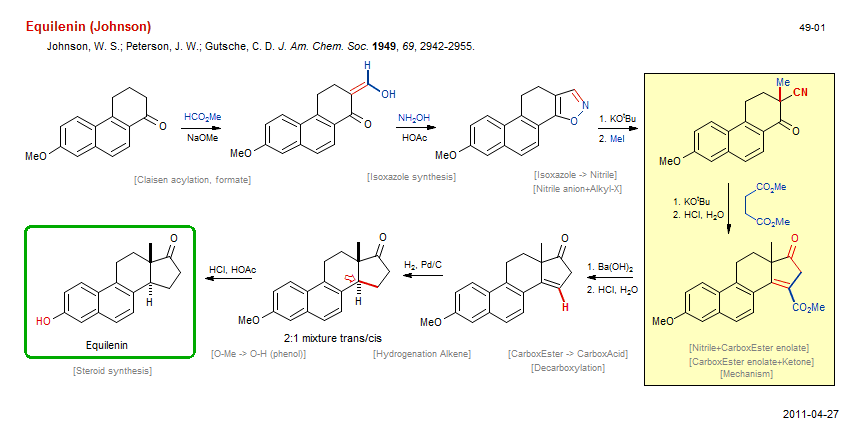 Reaction scheme for total synthesis of the natural product Equilenin (Johnson)