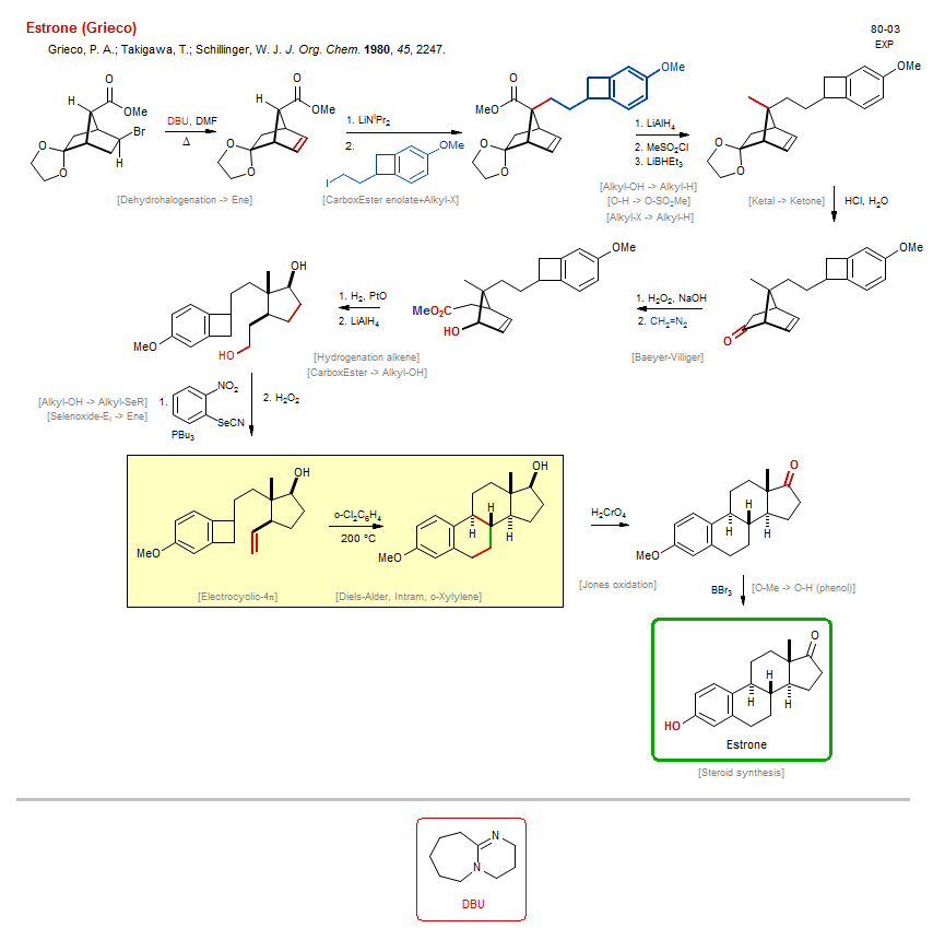 Reaction scheme for total synthesis of the natural product Estrone (Grieco)