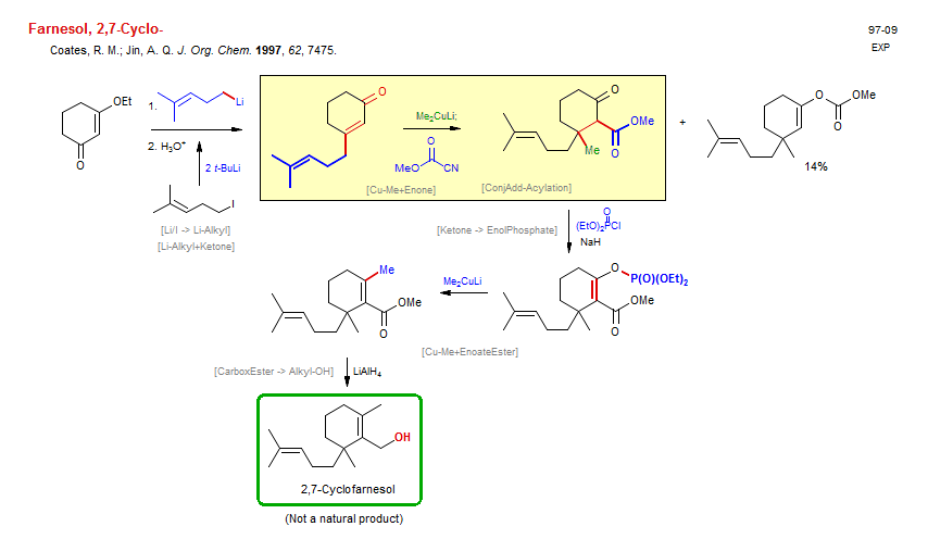 Reaction scheme for total synthesis of the natural product 2,7-Cyclo-Farnesol