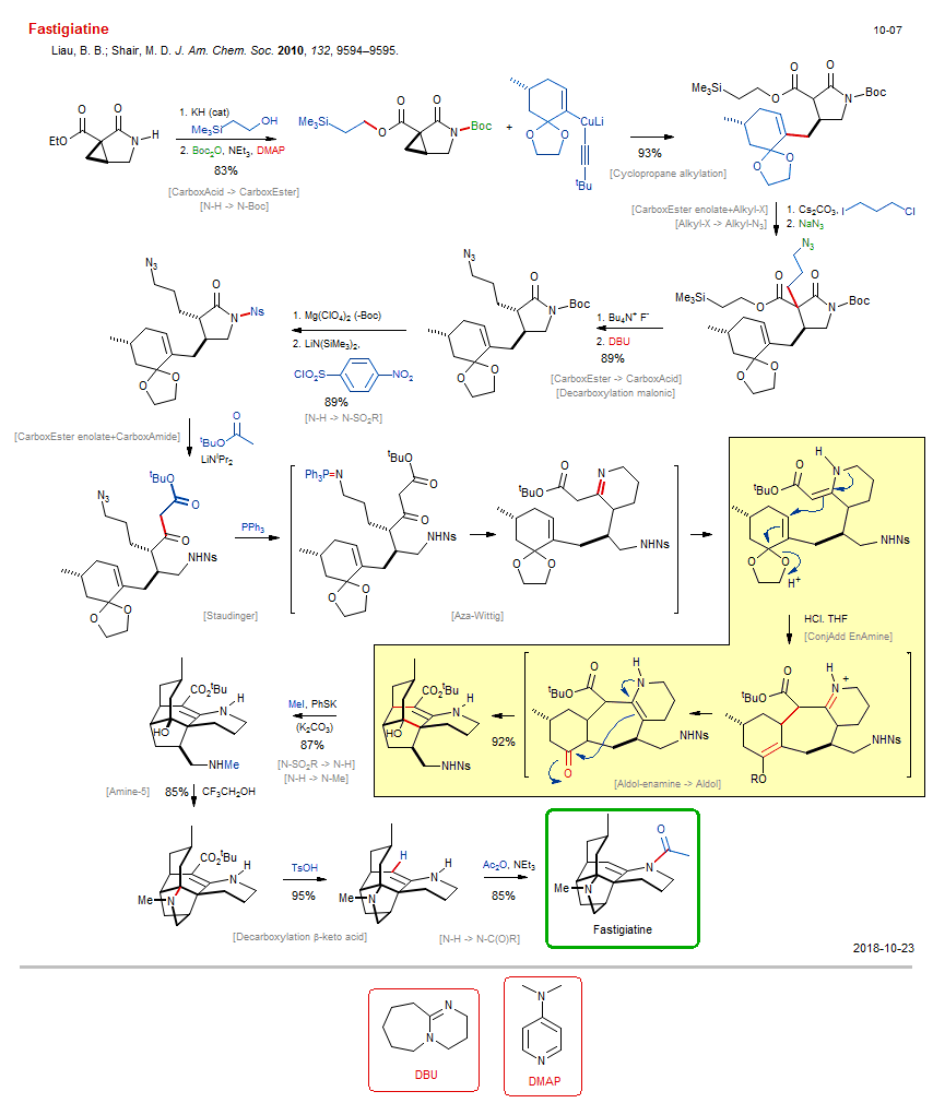Reaction scheme for total synthesis of the natural product Fastigiatine