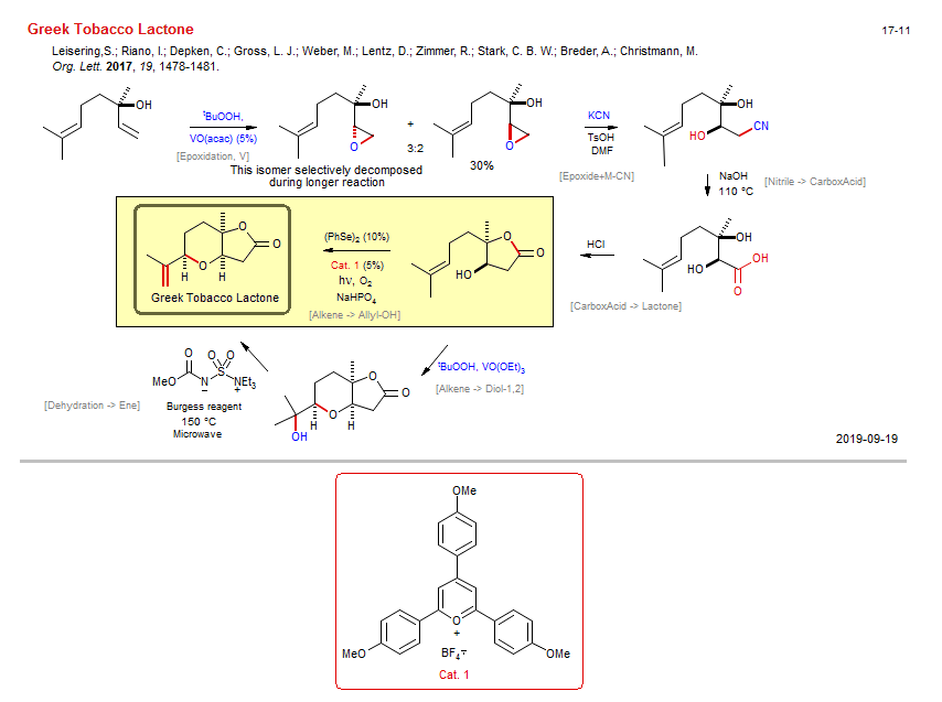 Reaction scheme for total synthesis of the natural product Greek Tobacco Lactone <b><i><font color=green>New</font></i></b>