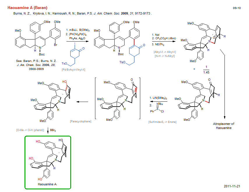 Reaction scheme for total synthesis of the natural product Haouamine A (Baran)