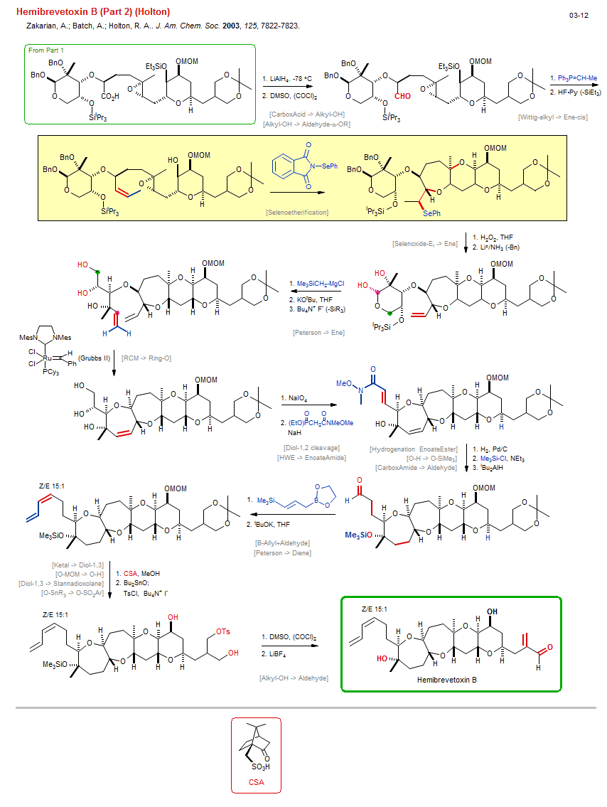 Reaction scheme for total synthesis of the natural product Hemibrevetoxin B (Part 2) (Holton)