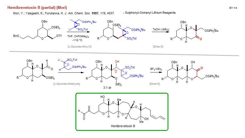 Reaction scheme for total synthesis of the natural product Hemibrevetoxin B (partial) (Mori)