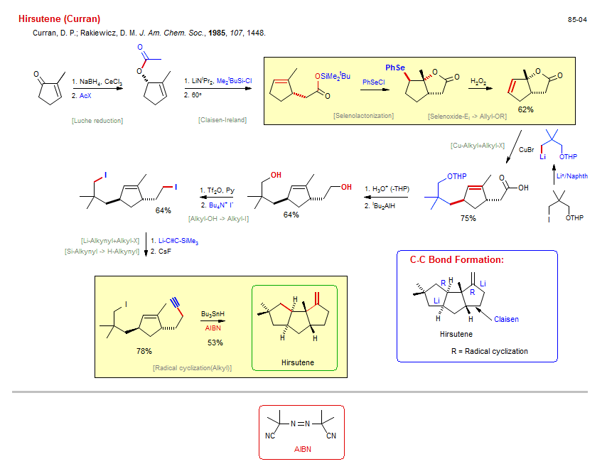 Reaction scheme for total synthesis of the natural product Hirsutene (Curran)