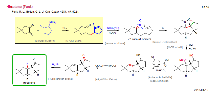 Reaction scheme for total synthesis of the natural product Hirsutene (Funk)