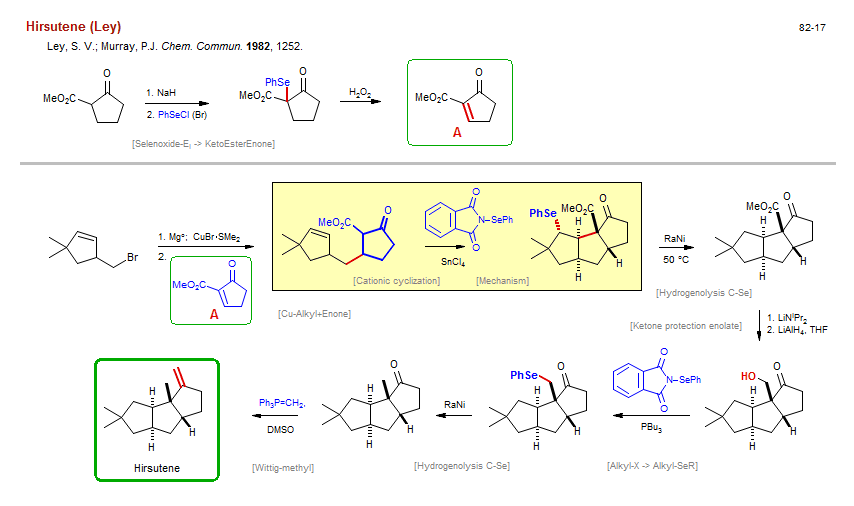 Reaction scheme for total synthesis of the natural product Hirsutene (Ley)