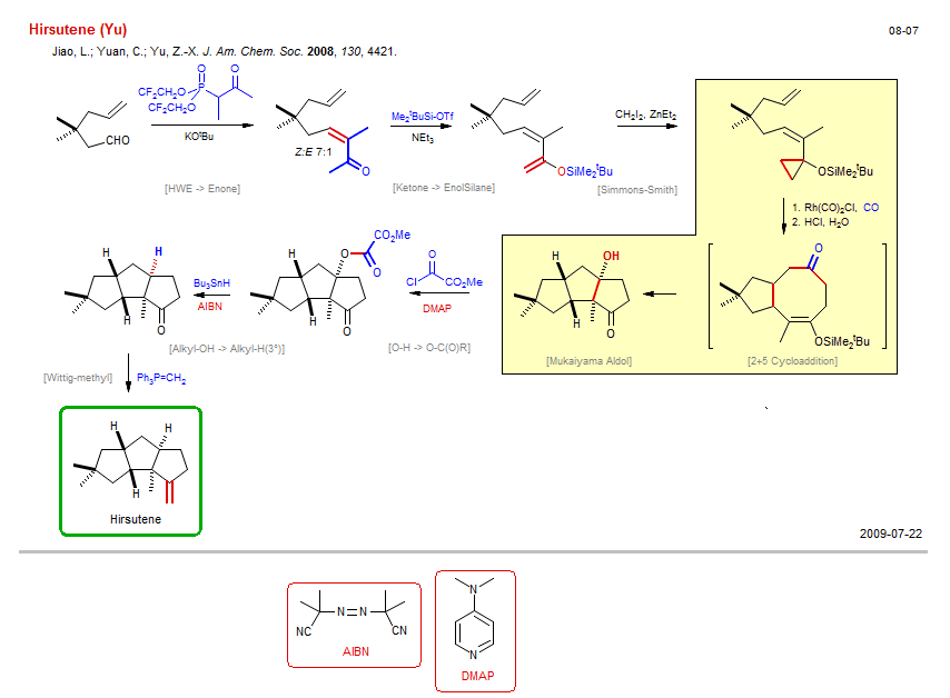 Reaction scheme for total synthesis of the natural product Hirsutene (Yu)