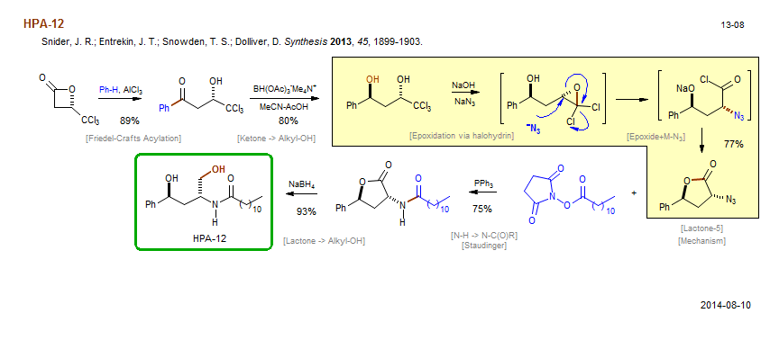 Reaction scheme for total synthesis of the natural product HPA-12