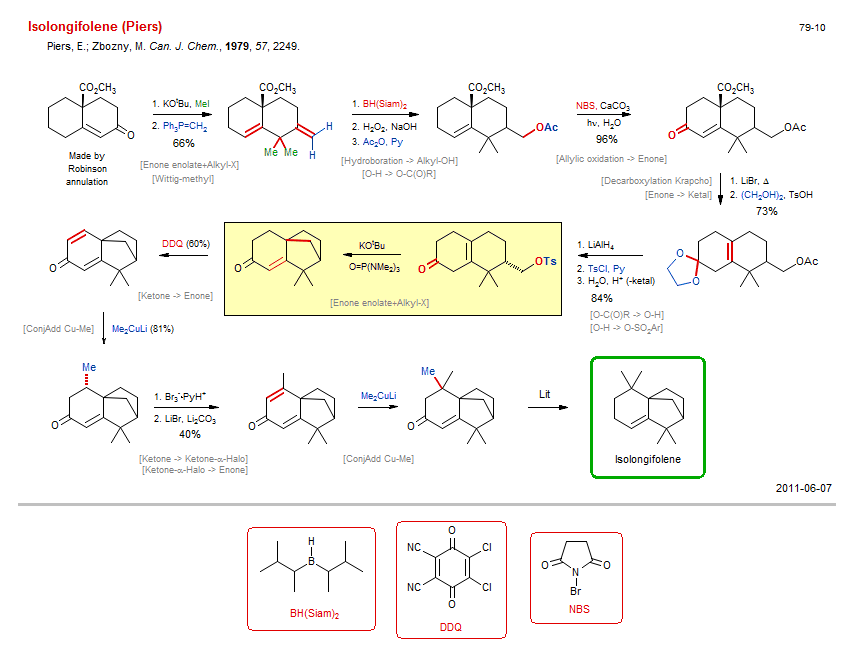 Reaction scheme for total synthesis of the natural product Isolongifolene (Piers)