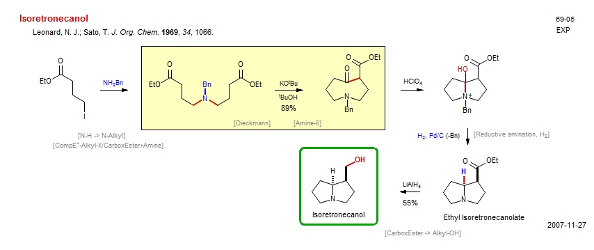 Reaction scheme for total synthesis of the natural product Isoretronecanol