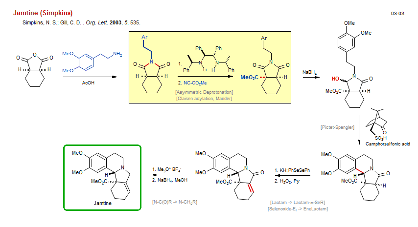 Reaction scheme for total synthesis of the natural product Jamtine (Simpkins)