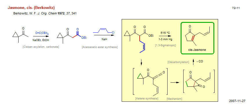 Reaction scheme for total synthesis of the natural product Jasmone, cis- (Berkowitz)