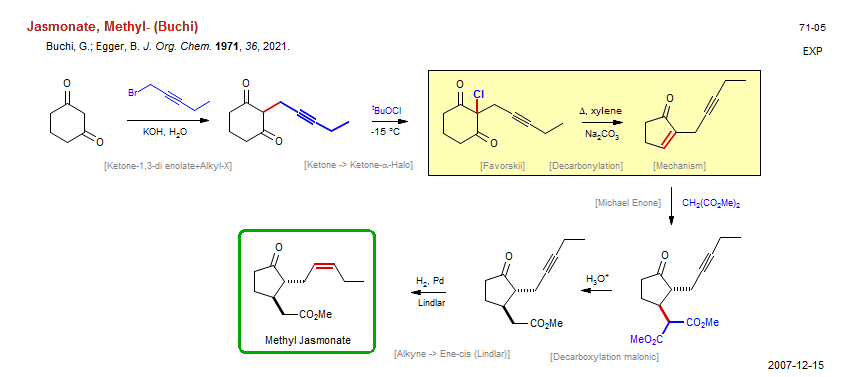 Reaction scheme for total synthesis of the natural product Jasmonate, Methyl- (Buchi)