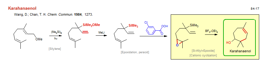 Reaction scheme for total synthesis of the natural product Karahanaenol
