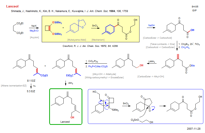 Reaction scheme for total synthesis of the natural product Lanceol